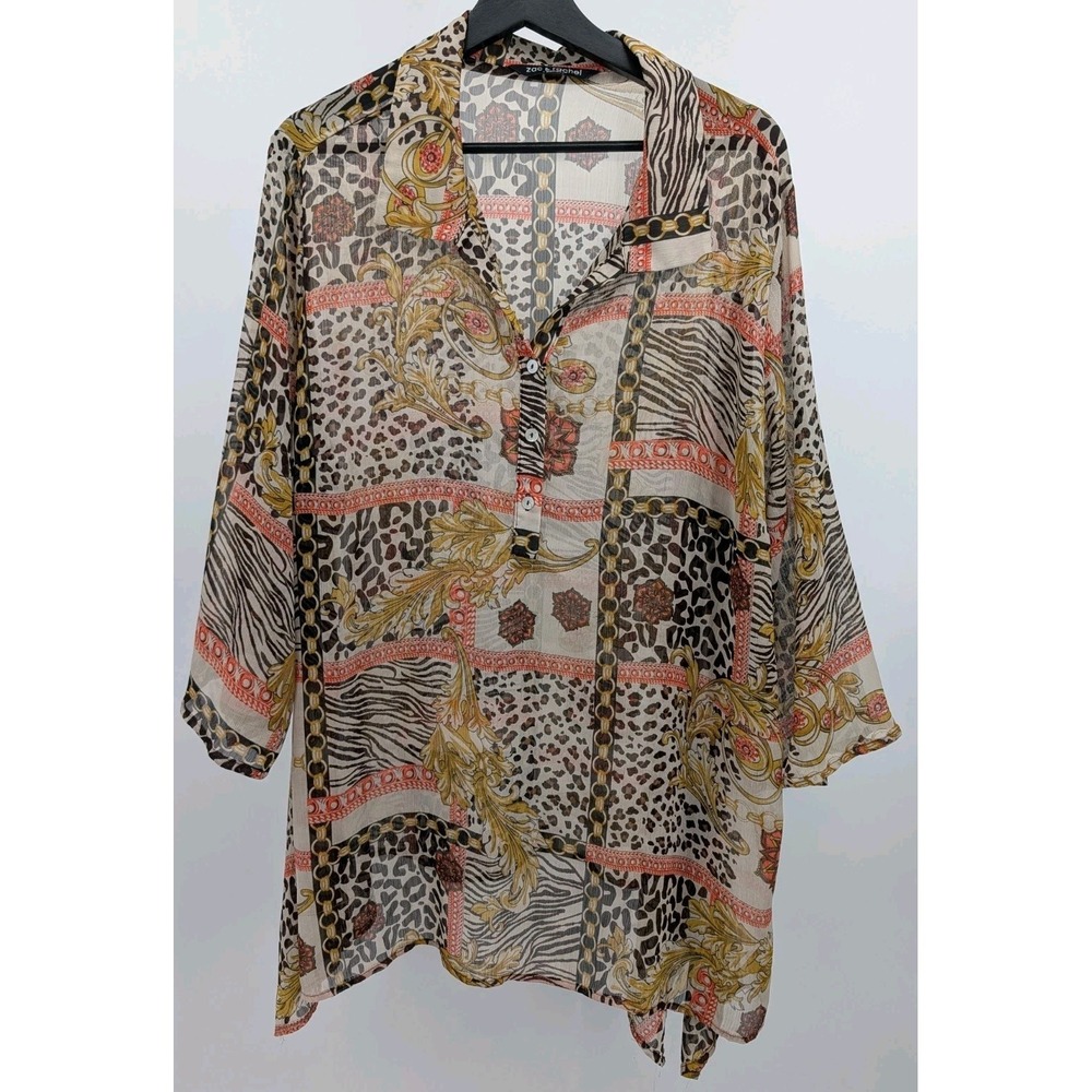 Zac & Rachel Woman Sheer Blouse Top Size 2X Chain Animal Print Collared